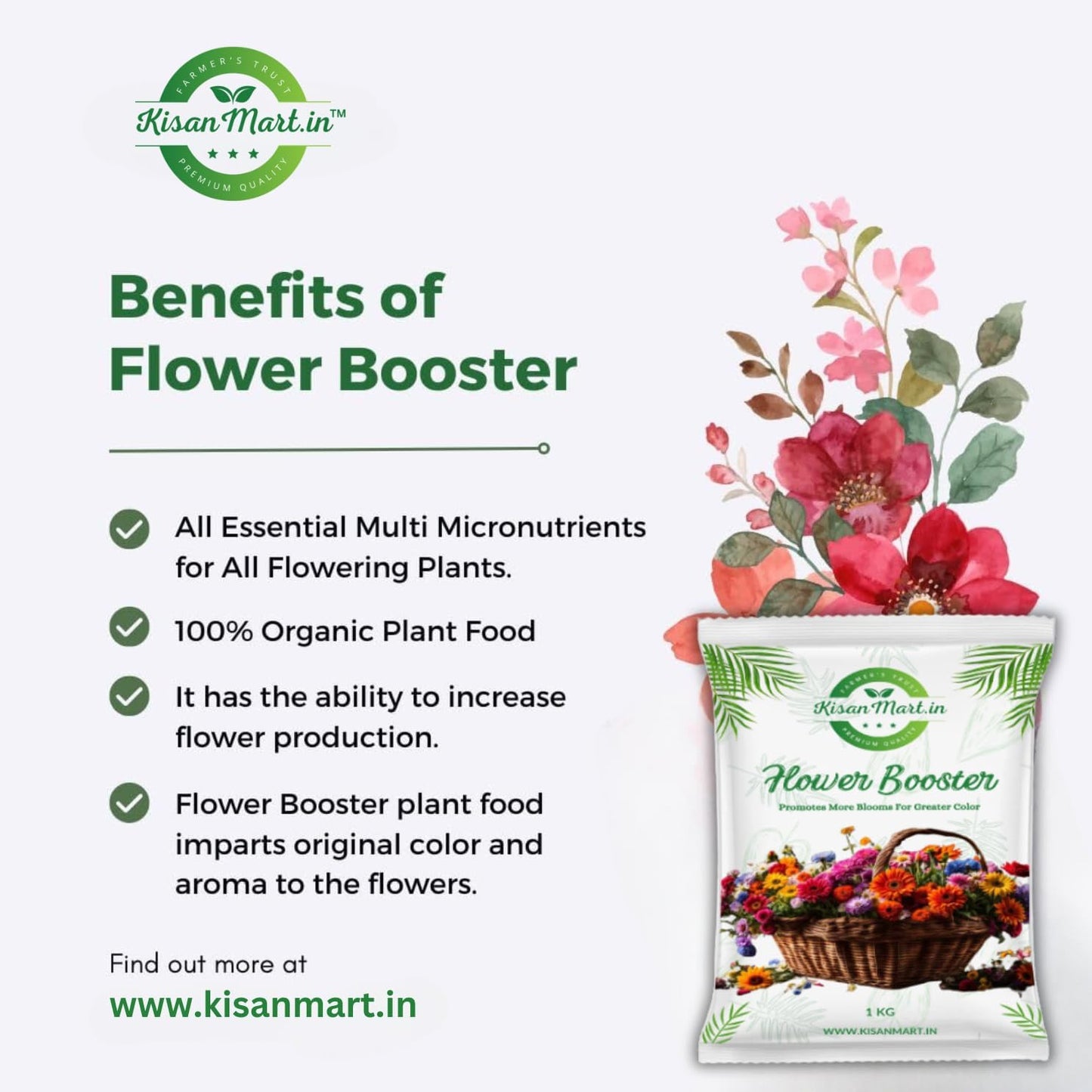 Kisanmart Flower Booster – Organic Bloom Enhancer for More Flowers & Healthier Plants | Increases Bud Formation, Improves Soil Fertility, Chemical-Free & Easy to Use